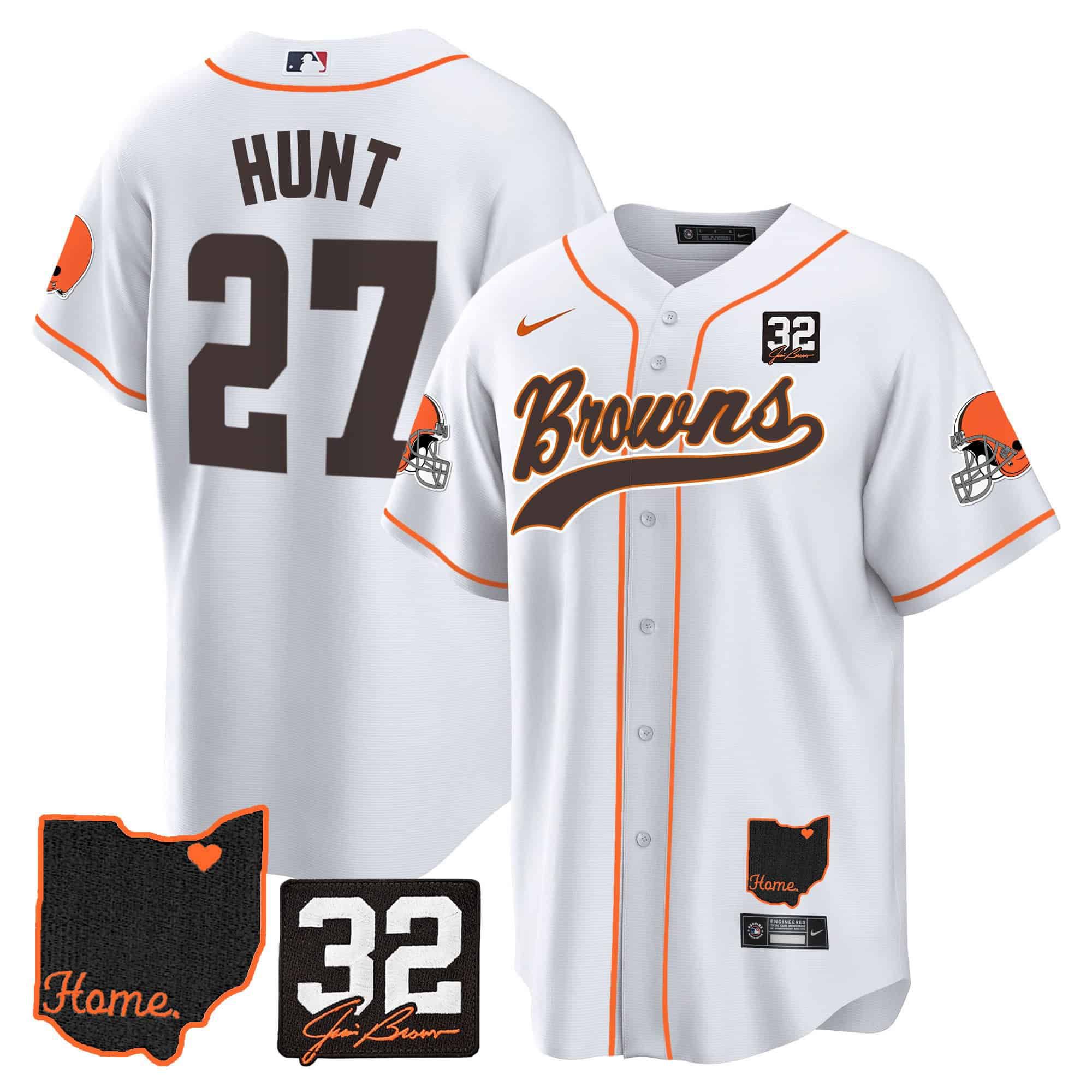 Men Cleveland Browns #27 Hunt White Memorial Home Patch Baseball 2024 Nike NFL Jersey